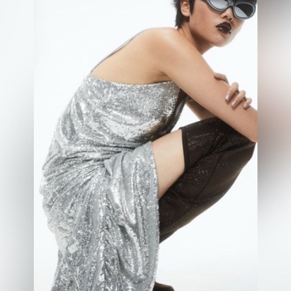 New H&M studio asymmetrical Silver sexy Sequin Dress XXS  NWT - Picture 2 of 8